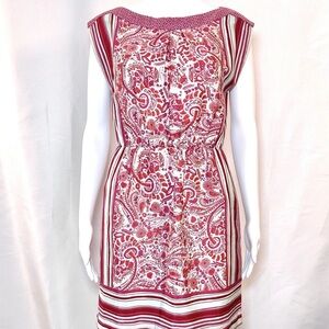Ann Taylor LOFT Red Pink Striped Paisley Boatneck Sleeveless Summer Dress XL